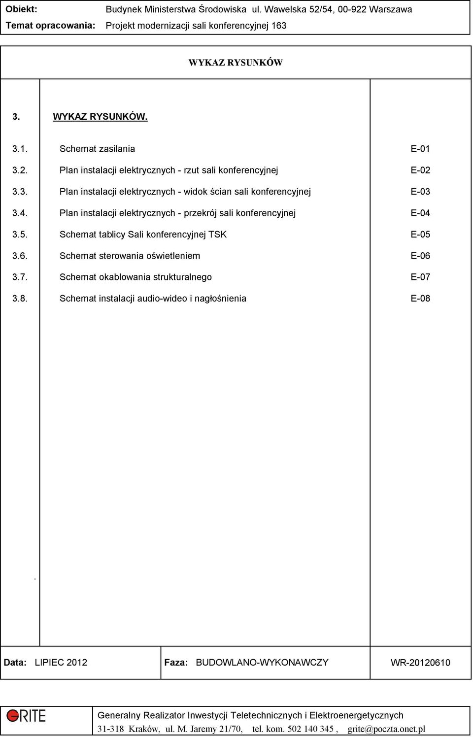 konferencyjnej Plan instalacji elektrycznych - przekrój sali konferencyjnej Schemat tablicy Sali konferencyjnej TSK Schemat