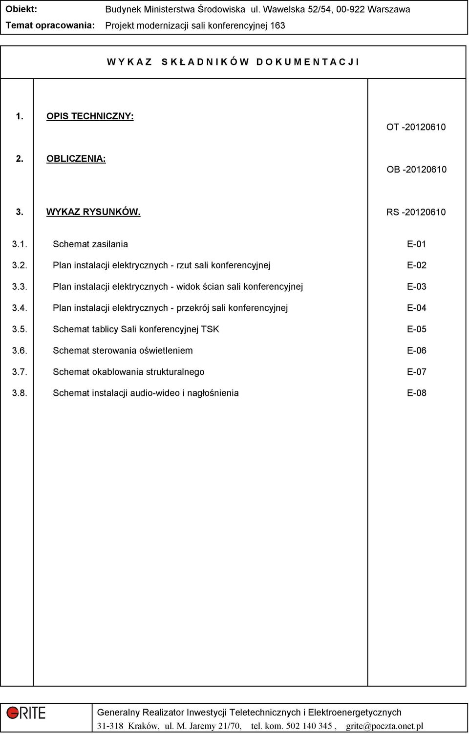 Schemat zasilania Plan instalacji elektrycznych - rzut sali konferencyjnej Plan instalacji elektrycznych - widok ścian sali konferencyjnej Plan