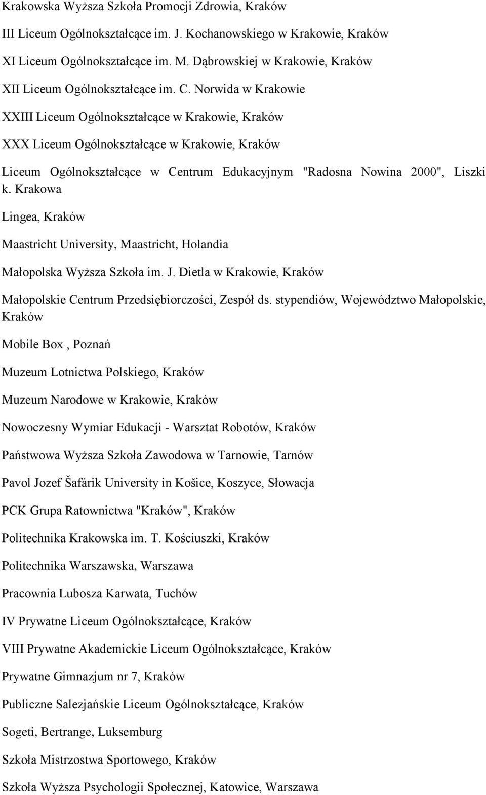 Norwida w Krakowie XXIII Liceum Ogólnokształcące w Krakowie, Kraków XXX Liceum Ogólnokształcące w Krakowie, Kraków Liceum Ogólnokształcące w Centrum Edukacyjnym "Radosna Nowina 2000", Liszki k.