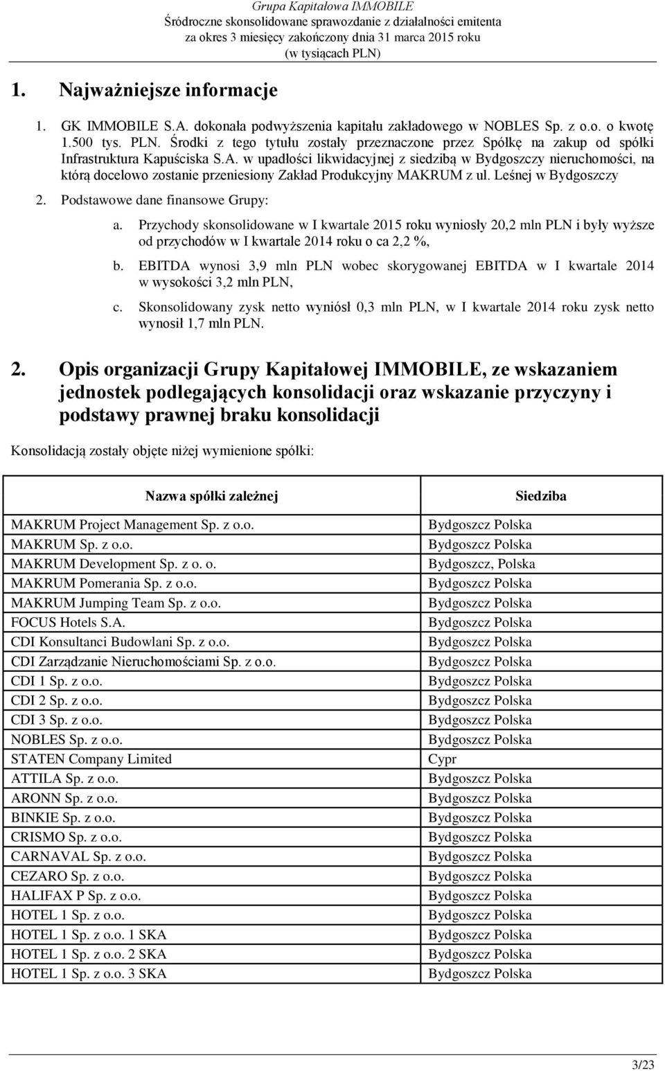 w upadłości likwidacyjnej z siedzibą w Bydgoszczy nieruchomości, na którą docelowo zostanie przeniesiony Zakład Produkcyjny MAKRUM z ul. Leśnej w Bydgoszczy 2. Podstawowe dane finansowe Grupy: a.