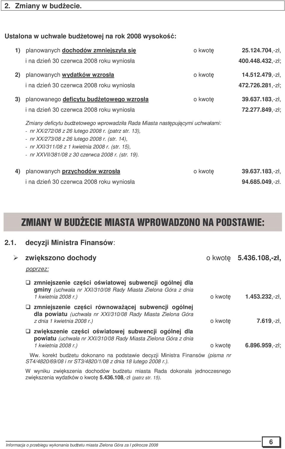 183,-zł, i na dzie 30 czerwca 2008 roku wyniosła 72.277.849,-zł; Zmiany deficytu budetowego wprowadziła Rada Miasta nastpujcymi uchwałami: - nr XX/272/08 z 26 lutego 2008 r. (patrz str.
