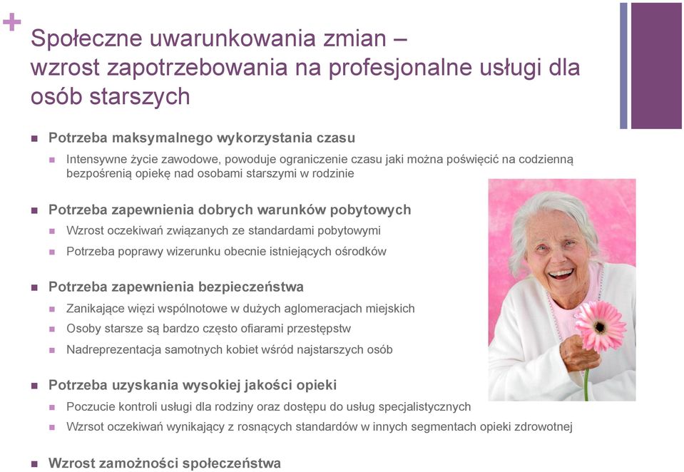 poprawy wizerunku obecnie istniejących ośrodków Potrzeba zapewnienia bezpieczeństwa Zanikające więzi wspólnotowe w dużych aglomeracjach miejskich Osoby starsze są bardzo często ofiarami przestępstw