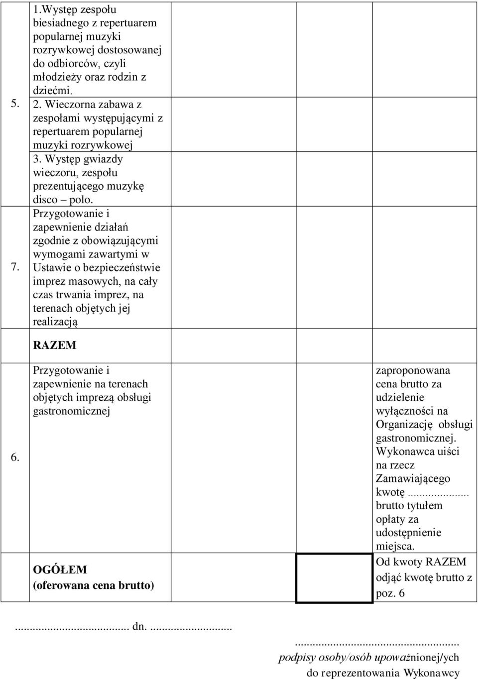 Przygotowanie i zapewnienie działań zgodnie z obowiązującymi wymogami zawartymi w Ustawie o bezpieczeństwie imprez masowych, na cały czas trwania imprez, na terenach objętych jej realizacją 6.