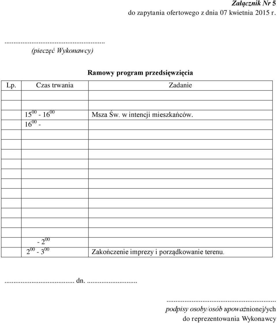 Czas trwania Zadanie 15 00-16 00 Msza Św. w intencji mieszkańców.