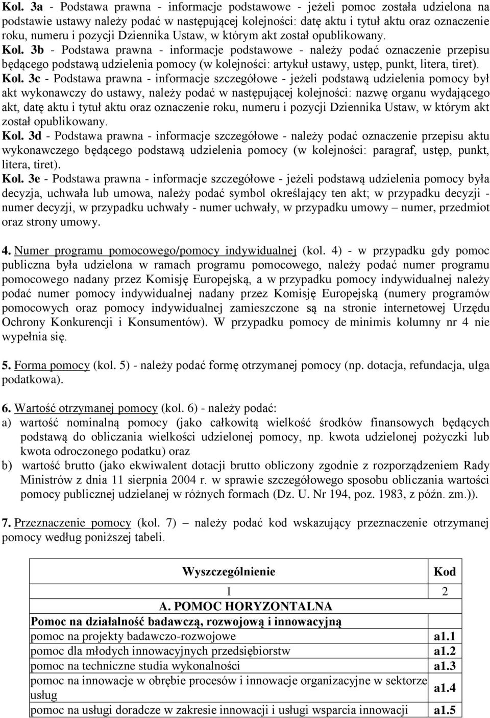 3b - Podstawa prawna - informacje podstawowe - należy podać oznaczenie przepisu będącego podstawą udzielenia pomocy (w kolejności: artykuł ustawy, ustęp, punkt, litera, tiret). Kol.