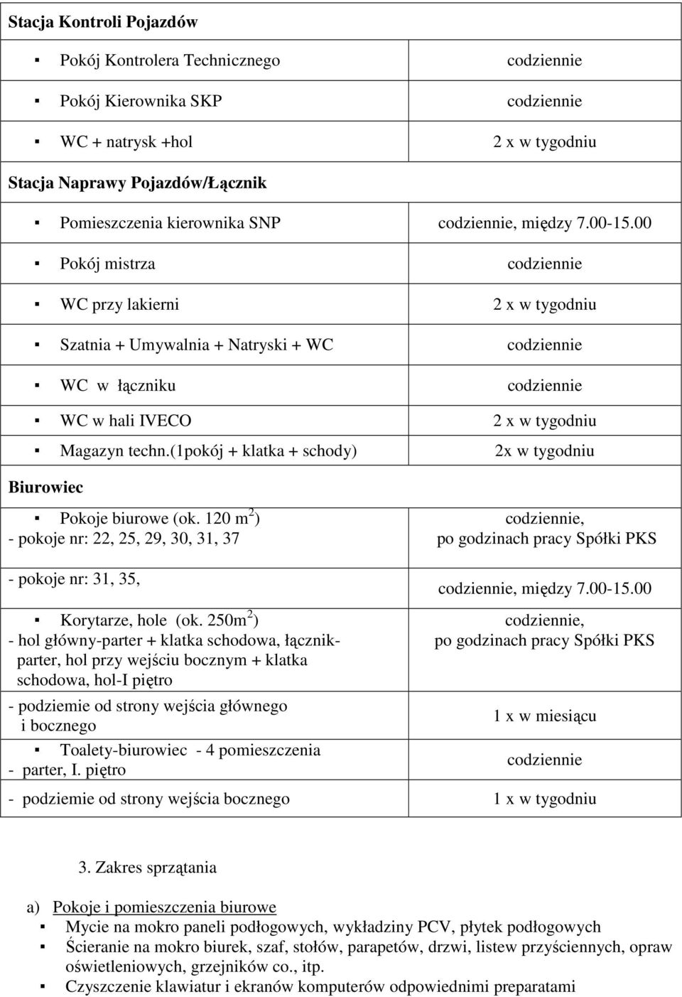 00 Pokój mistrza codziennie WC przy lakierni 2 x w tygodniu Szatnia + Umywalnia + Natryski + WC codziennie WC w łączniku codziennie WC w hali IVECO 2 x w tygodniu Magazyn techn.