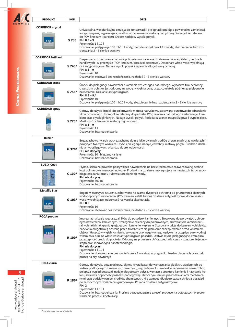 PH: 8,8 9 Dozowanie: pielęgnacja 100 ml/10 l wody, metoda natryskowa 1:1 z wodą, zbezpieczanie bez rozcieńczania 2-3 cienkie warstwy Chemia Profesjonalna CORRIDOR brilliant CORRIDOR stone CORRIDOR