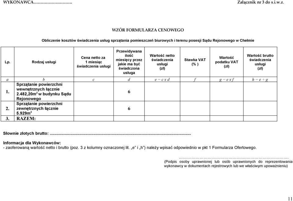 (zł) Wartość brutto świadczenia usługi (zł) 6 a b c d e = c x d f g = e x f h = e + g Sprzątanie powierzchni wewnętrznych łącznie 1. 2.482,20m 2 w budynku Sądu 6 Rejonowego Sprzątanie powierzchni 2.