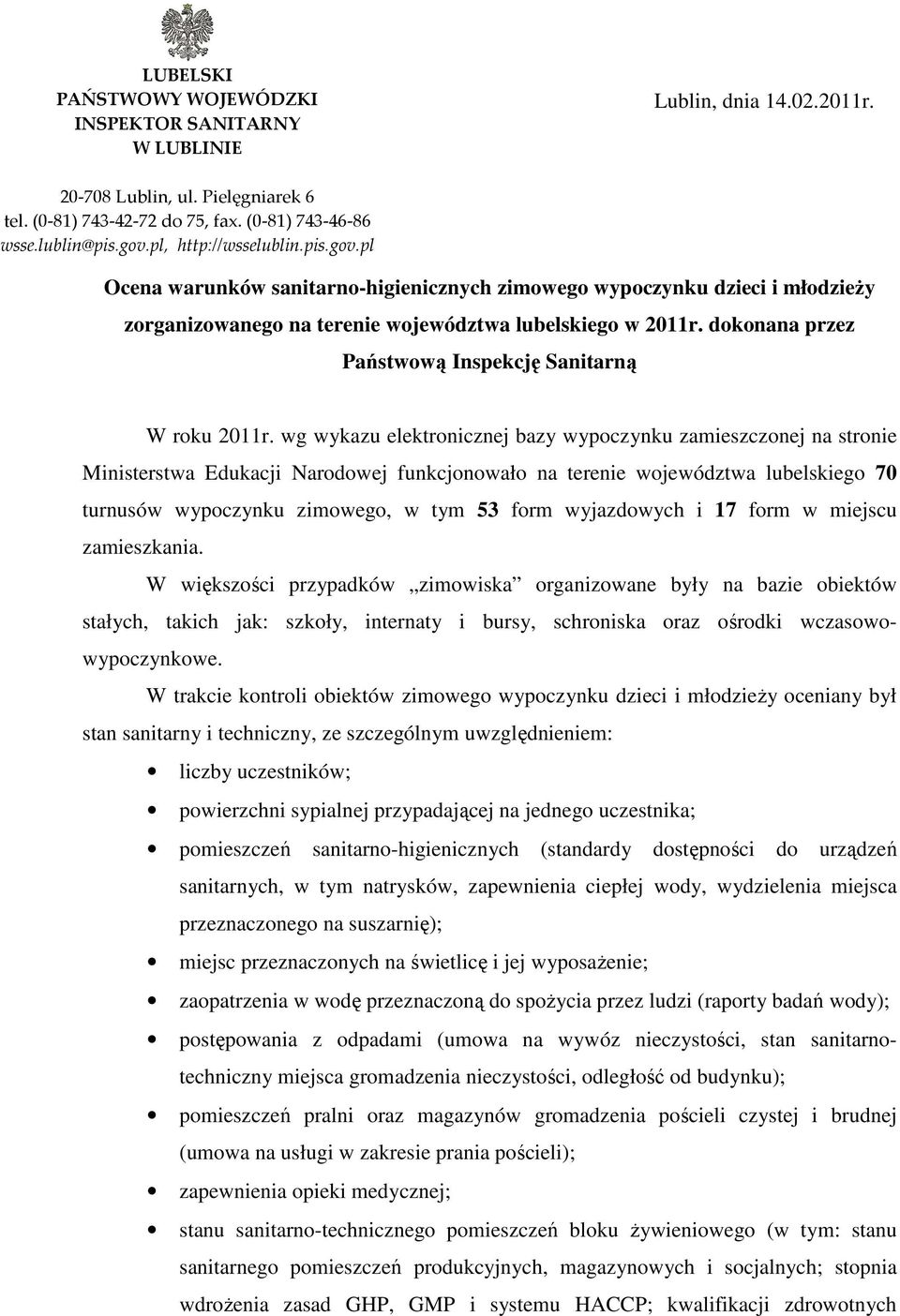 dokonana przez Państwową Inspekcję Sanitarną W roku 2011r.