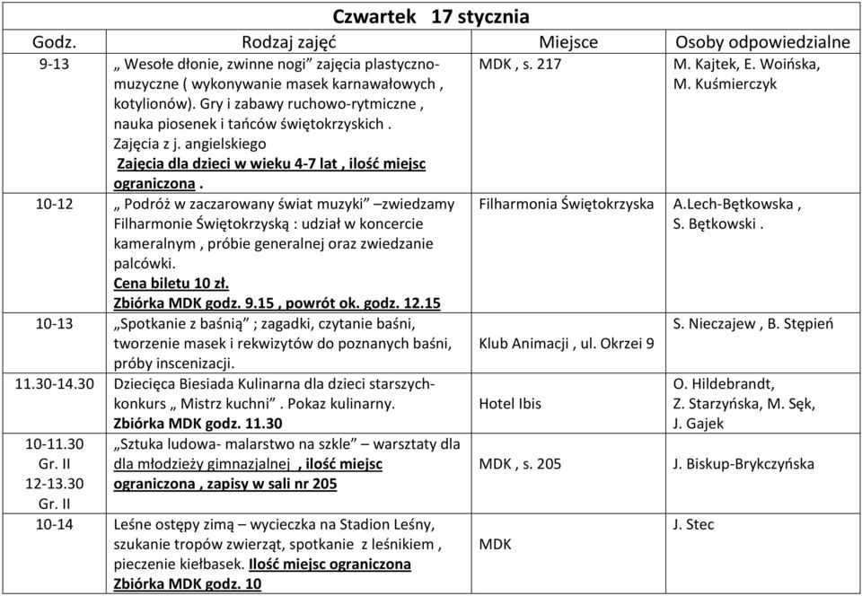 10-12 Podróż w zaczarowany świat muzyki zwiedzamy Filharmonie Świętokrzyską : udział w koncercie kameralnym, próbie generalnej oraz zwiedzanie palcówki. Cena biletu 10 zł. Zbiórka MDK godz. 9.