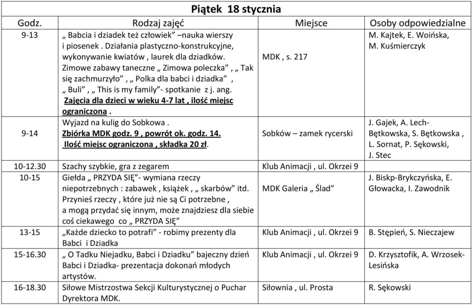 9-14 Wyjazd na kulig do Sobkowa. Zbiórka MDK godz. 9, powrót ok. godz. 14. Ilość miejsc ograniczona, składka 20 zł. MDK, s. 217 Sobków zamek rycerski M. Kajtek, E. Woińska, M. Kuśmierczyk J. Gajek, A.