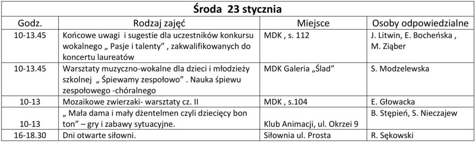 Bocheńska, M. Ziąber MDK Galeria Ślad S. Modzelewska 10-13 Mozaikowe zwierzaki- warsztaty cz. II MDK, s.104 E.