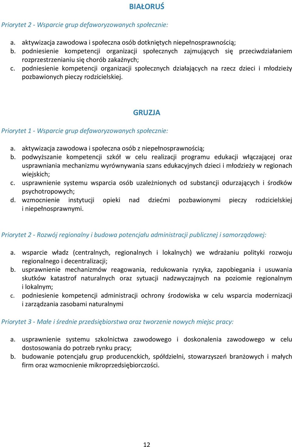 podniesienie kompetencji organizacji społecznych działających na rzecz dzieci i młodzieży pozbawionych pieczy rodzicielskiej. GRUZJA Priorytet 1 - Wsparcie grup defaworyzowanych społecznie: a.