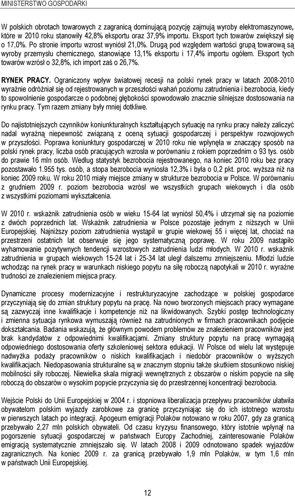 Drugą pod względem wartości grupą towarową są wyroby przemysłu chemicznego, stanowiące 13,1% eksportu i 17,4% importu ogółem. Eksport tych towarów wzrósł o 32,8%, ich import zaś o 26,7%. RYNEK PRACY.