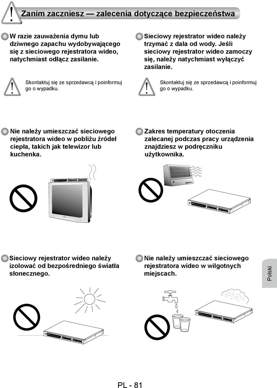 Skontaktuj się ze sprzedawcą i poinformuj go o wypadku. Nie należy umieszczać sieciowego rejestratora wideo w pobliżu źródeł ciepła, takich jak telewizor lub kuchenka.