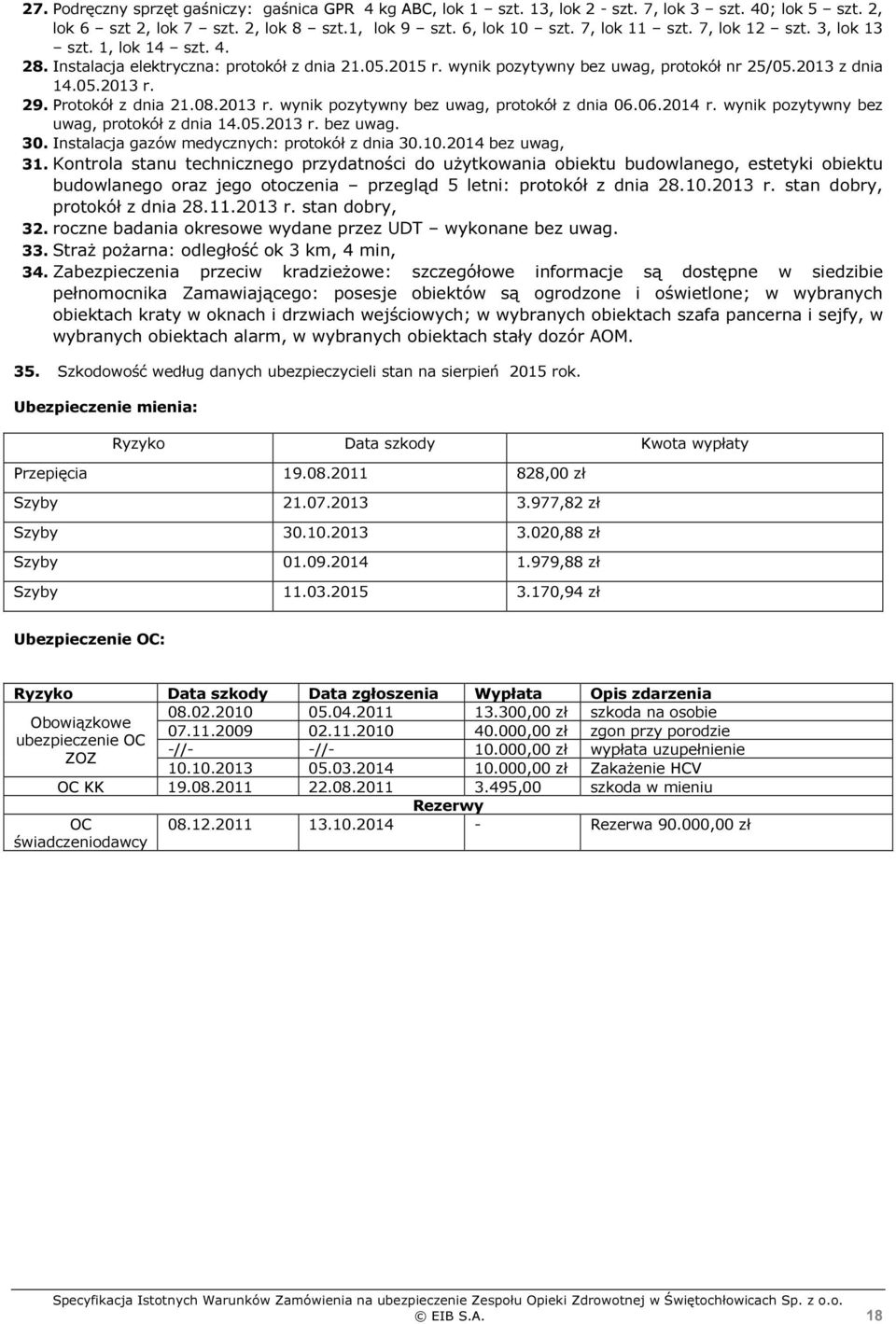 08.2013 r. wynik pozytywny bez uwag, protokół z dnia 06.06.2014 r. wynik pozytywny bez uwag, protokół z dnia 14.05.2013 r. bez uwag. 30. Instalacja gazów medycznych: protokół z dnia 30.10.