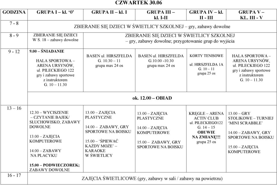 10 11 HALA SPORTOWA ARENA URSYNÓW, gry i zabawy sportowe z instruktorem 12.30 WYCISZENIE 14.00 ZABAWY 14.00 ZABAWY, GRY SPORTOWE 15.