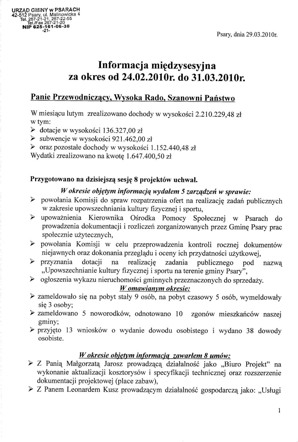 327,00 zt > subwencje w wysokosci 921.462,00 zt > oraz pozostale dochody w wysokosci 1.152.440,48 zl Wydatki zrealizowano na kwot? 1.647.400,50 zl Przygotowano na dzisiejszq sesj 8 projektow uchwal.