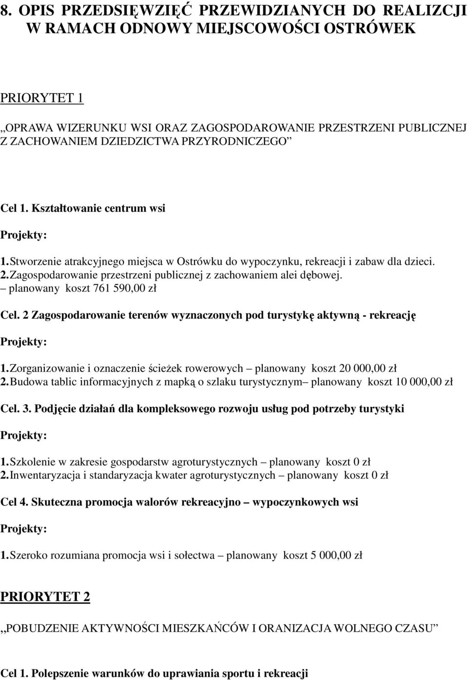 Zagospodarowanie przestrzeni publicznej z zachowaniem alei dębowej. planowany koszt 761 590,00 zł Cel. 2 Zagospodarowanie terenów wyznaczonych pod turystykę aktywną - rekreację 1.