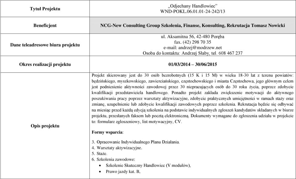 608 467 237 Okres realizacji projektu 01/03/2014 30/06/2015 Projekt skierowany jest do 30 osób bezrobotnych (15 K i 15 M) w wieku 18-30 lat z terenu powiatów: będzińskiego, myszkowskiego,