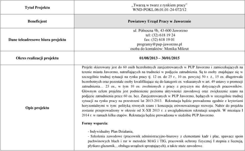 miasta Jaworzno, natrafiających na trudności w podjęciu zatrudnienia. Są to osoby znajdujące się w szczególnie trudnej sytuacji na rynku pracy tj. 12 os. do 25 r., 10 os. powyżej 50 r. ż., 15 os.