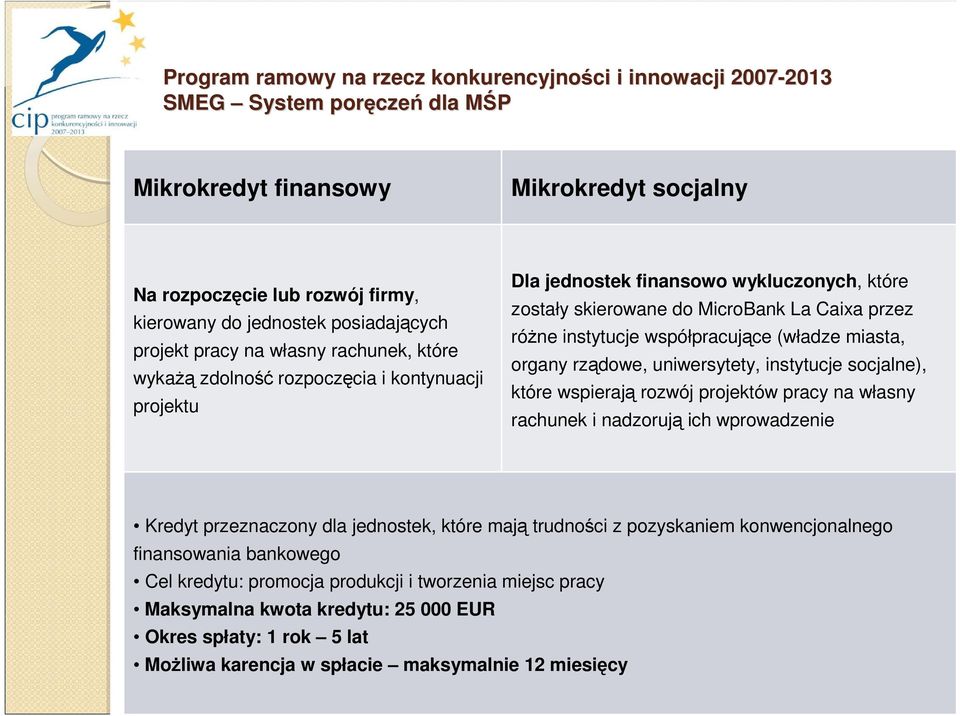 przez róŝne instytucje współpracujące (władze miasta, organy rządowe, uniwersytety, instytucje socjalne), które wspierają rozwój projektów pracy na własny rachunek i nadzorują ich wprowadzenie Kredyt