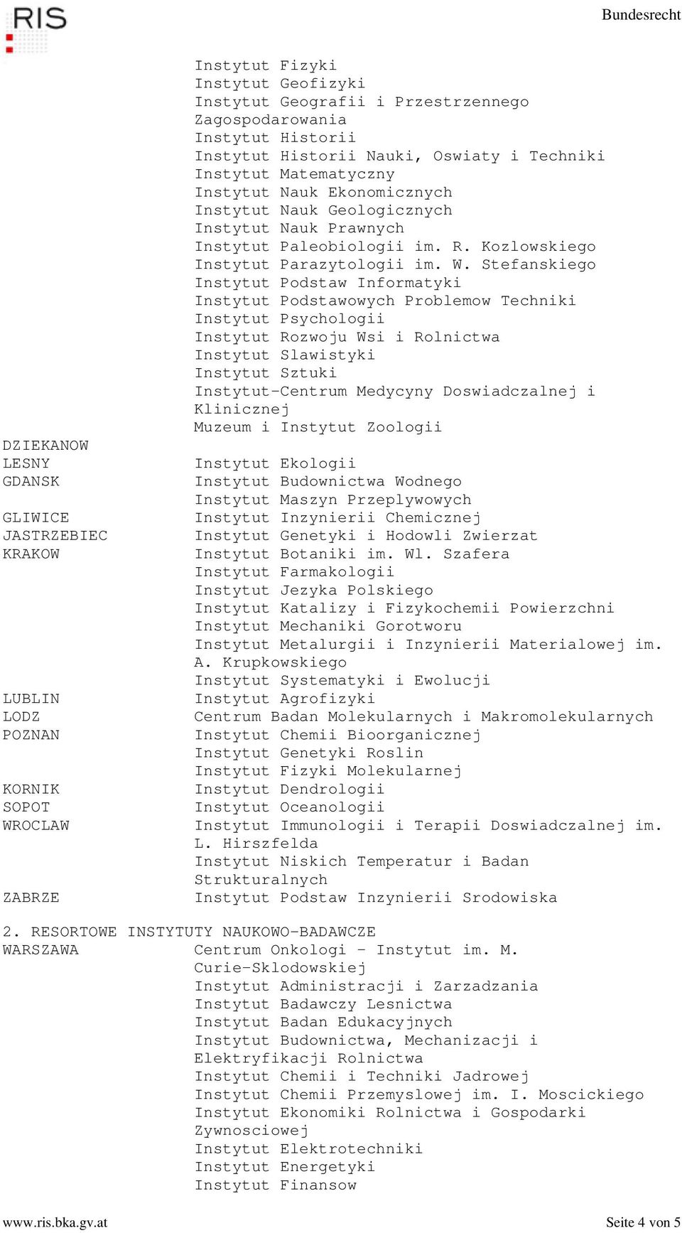 Stefanskiego Instytut Podstaw Informatyki Instytut Podstawowych Problemow Techniki Instytut Psychologii Instytut Rozwoju Wsi i Rolnictwa Instytut Slawistyki Instytut Sztuki Instytut-Centrum Medycyny