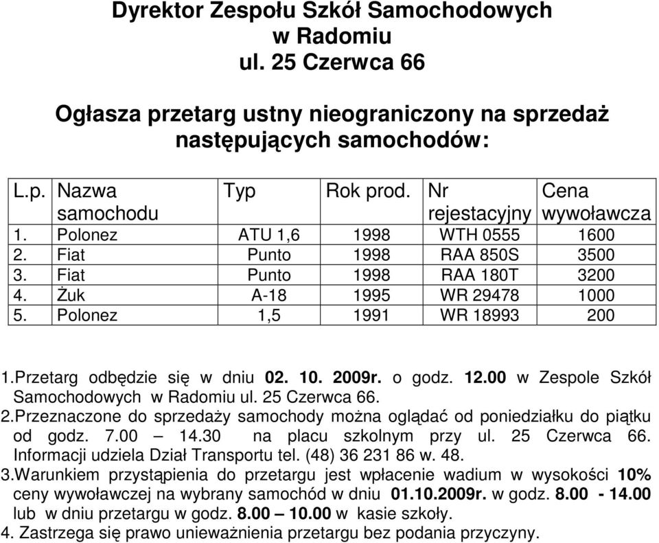 Polonez 1,5 1991 WR 18993 200 1.Przetarg odbędzie się w dniu 02. 10. 2009r. o godz. 12.00 w Zespole Szkół Samochodowych w Radomiu ul. 25 Czerwca 66. 2.Przeznaczone do sprzedaŝy samochody moŝna oglądać od poniedziałku do piątku od godz.