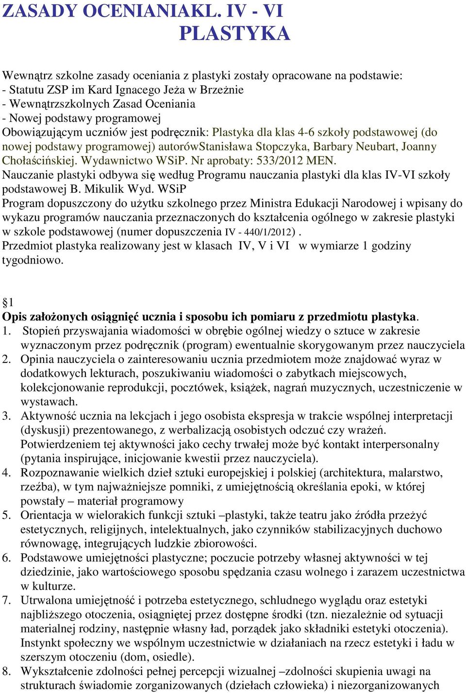 programowej Obowiązującym uczniów jest podręcznik: Plastyka dla klas 4-6 szkoły podstawowej (do nowej podstawy programowej) autorówstanisława Stopczyka, Barbary Neubart, Joanny Chołaścińskiej.