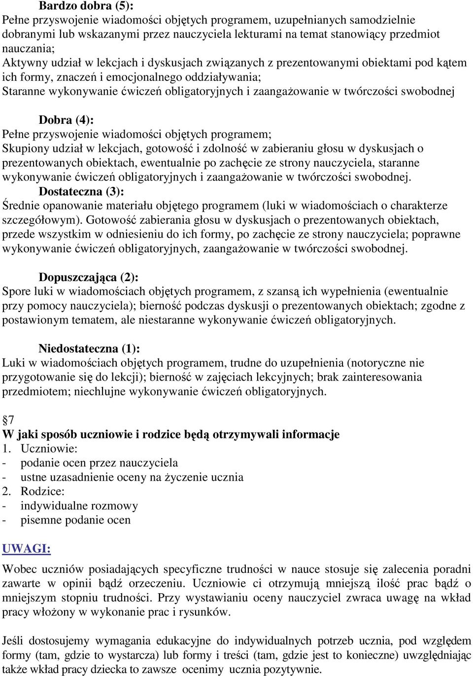 twórczości swobodnej Dobra (4): Pełne przyswojenie wiadomości objętych programem; Skupiony udział w lekcjach, gotowość i zdolność w zabieraniu głosu w dyskusjach o prezentowanych obiektach,