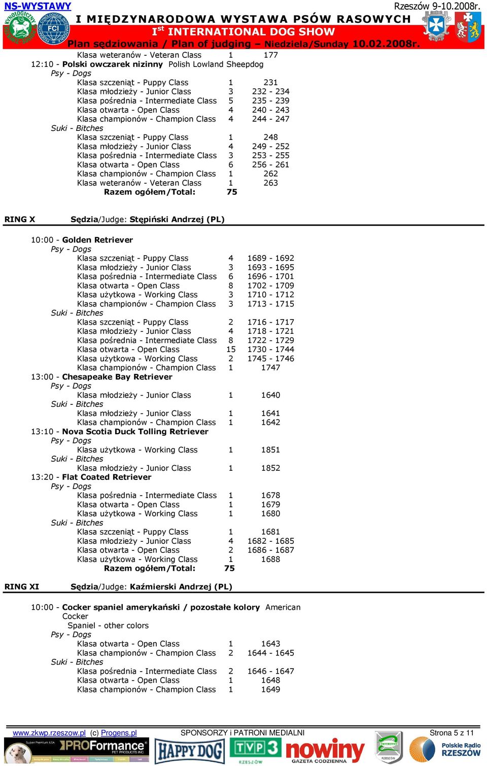 pośrednia - Intermediate Class 3 253-255 Klasa otwarta - Open Class 6 256-261 Klasa championów - Champion Class 1 262 Klasa weteranów - Veteran Class 1 263 Razem ogółem/total: 75 RING X Sędzia/Judge: