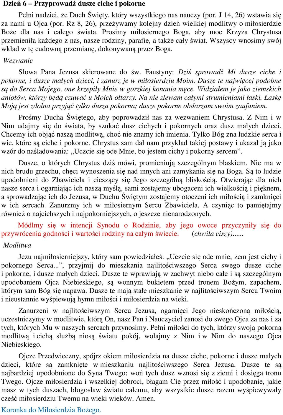 Prosimy miłosiernego Boga, aby moc Krzyża Chrystusa przemieniła każdego z nas, nasze rodziny, parafie, a także cały świat. Wszyscy wnosimy swój wkład w tę cudowną przemianę, dokonywaną przez Boga.