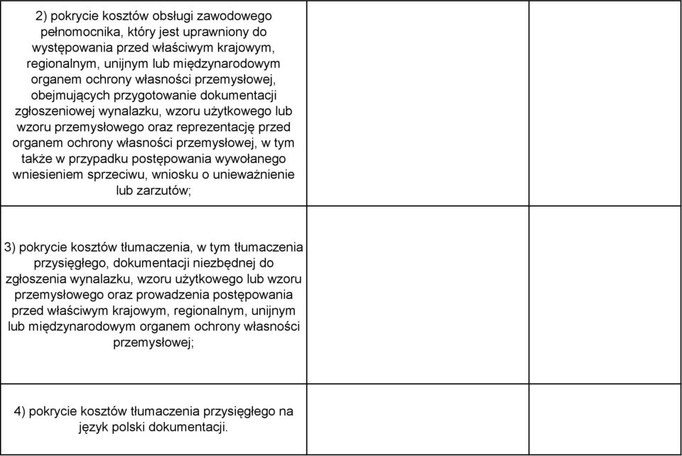 postępowania wywołanego wniesieniem sprzeciwu, wniosku o unieważnienie lub zarzutów; 3) pokrycie kosztów tłumaczenia, w tym tłumaczenia przysięgłego, dokumentacji niezbędnej do zgłoszenia wynalazku,