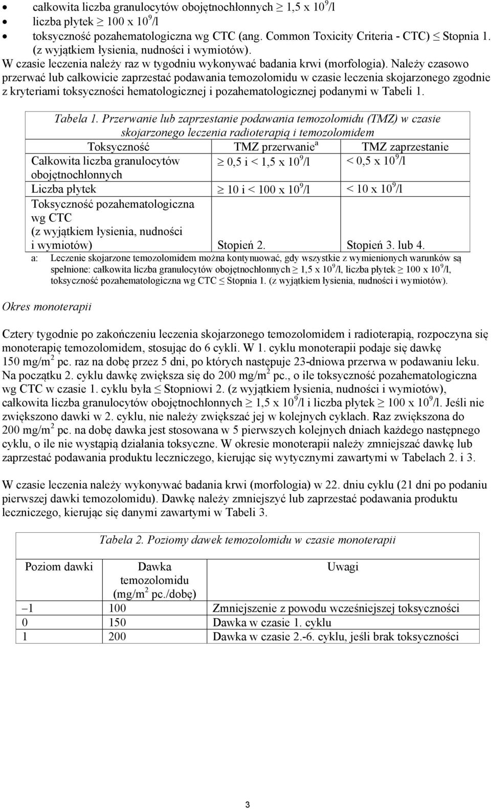 Należy czasowo przerwać lub całkowicie zaprzestać podawania temozolomidu w czasie leczenia skojarzonego zgodnie z kryteriami toksyczności hematologicznej i pozahematologicznej podanymi w Tabeli 1.