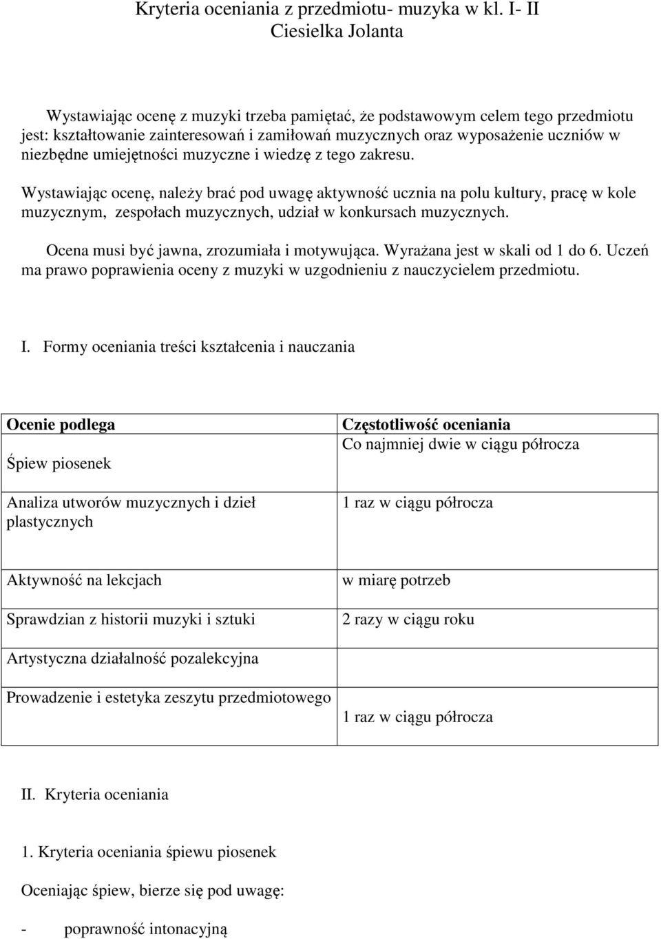 umiejętności muzyczne i wiedzę z tego zakresu. Wystawiając ocenę, należy brać pod uwagę aktywność ucznia na polu kultury, pracę w kole muzycznym, zespołach muzycznych, udział w konkursach muzycznych.