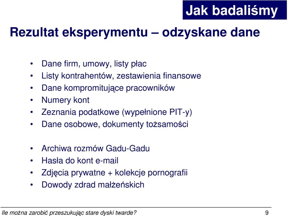 PIT-y) Dane osobowe, dokumenty toŝsamości Archiwa rozmów Gadu-Gadu Hasła do kont e-mail Zdjęcia