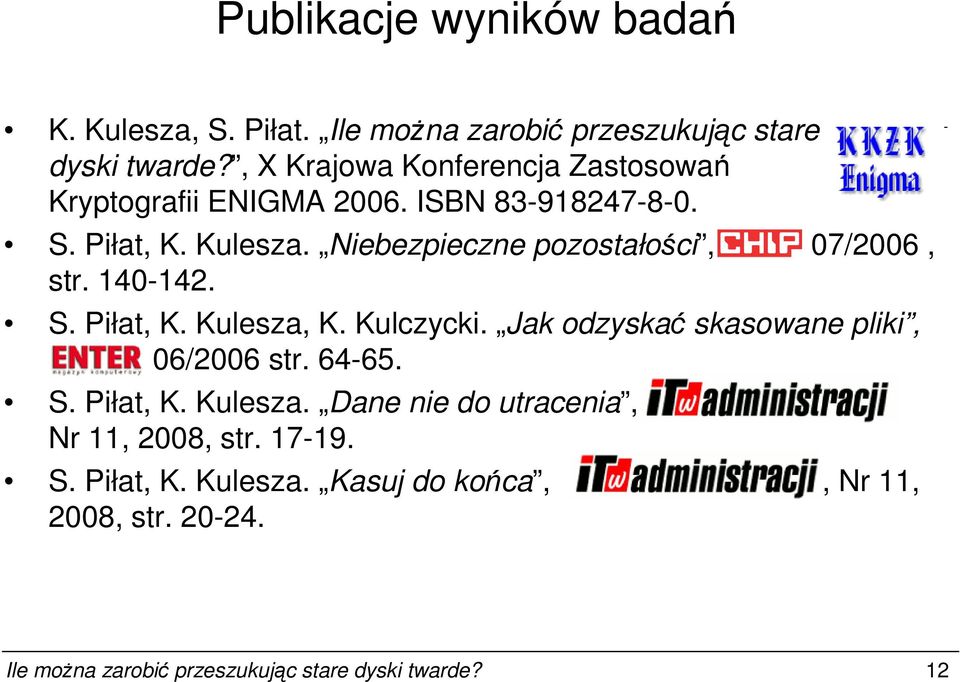 Niebezpieczne pozostałości, CHIP 07/2006, str. 140-142. S. Piłat, K. Kulesza, K. Kulczycki. Jak odzyskać skasowane pliki, Enter 06/2006 str.