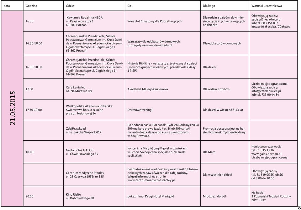 Szczegóły na www.dawid.edu.pl Dla edukatorów domowych 16.30-18.00 Chrześcijańskie Przedszkole, Szkoła Podstawowa, Gimnazjum im. Króla Dawida w Poznaniu oraz Akademickie Liceum Ogólnokształcące ul.