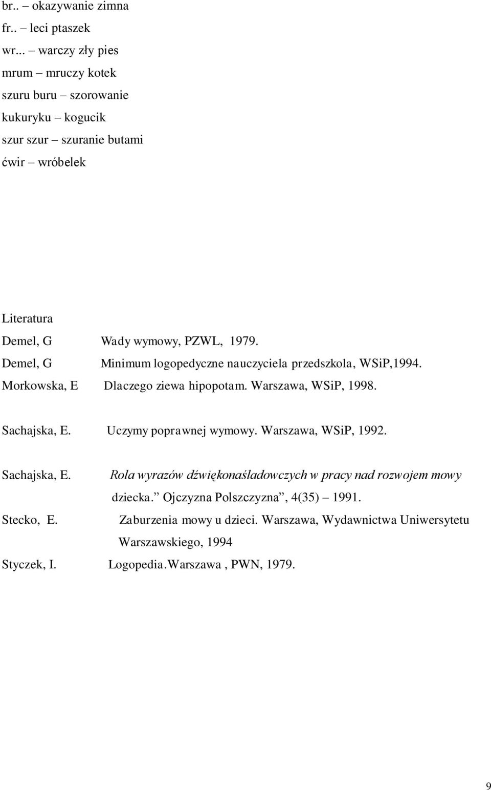 Demel, G Minimum logopedyczne nauczyciela przedszkola, WSiP,1994. Morkowska, E Dlaczego ziewa hipopotam. Warszawa, WSiP, 1998. Sachajska, E.