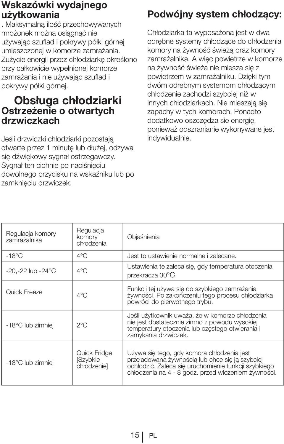 5 Obsługa chłodziarki Ostrzeżenie o otwartych drzwiczkach Jeśli drzwiczki chłodziarki pozostają otwarte przez 1 minutę lub dłużej, odzywa Sygnał ten cichnie po naciśnięciu zamknięciu drzwiczek.