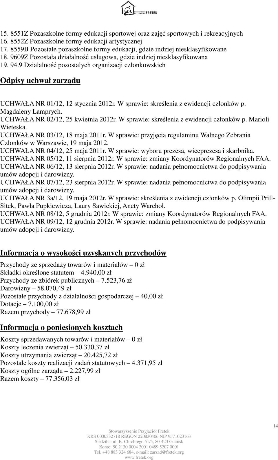 9 Działalność pozostałych organizacji członkowskich Odpisy uchwał zarządu UCHWAŁA NR 01/12, 12 stycznia 2012r. W sprawie: skreślenia z ewidencji członków p. Magdaleny Lamprych.