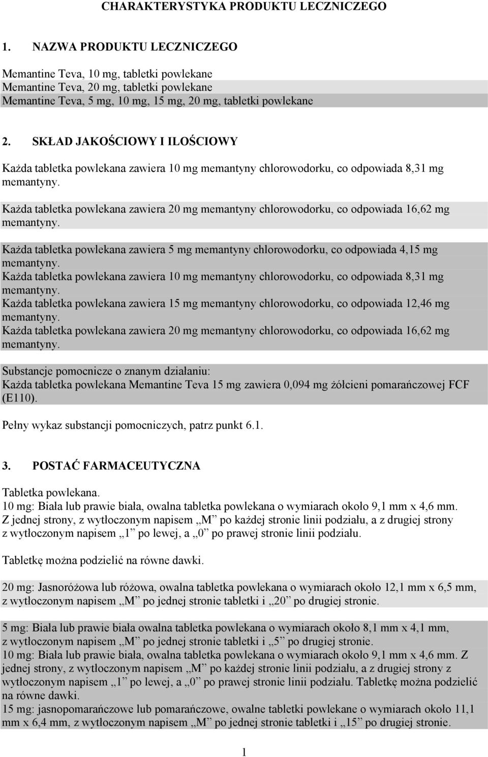 SKŁAD JAKOŚCIOWY I ILOŚCIOWY Każda tabletka powlekana zawiera 10 mg memantyny chlorowodorku, co odpowiada 8,31 mg Każda tabletka powlekana zawiera 20 mg memantyny chlorowodorku, co odpowiada 16,62 mg