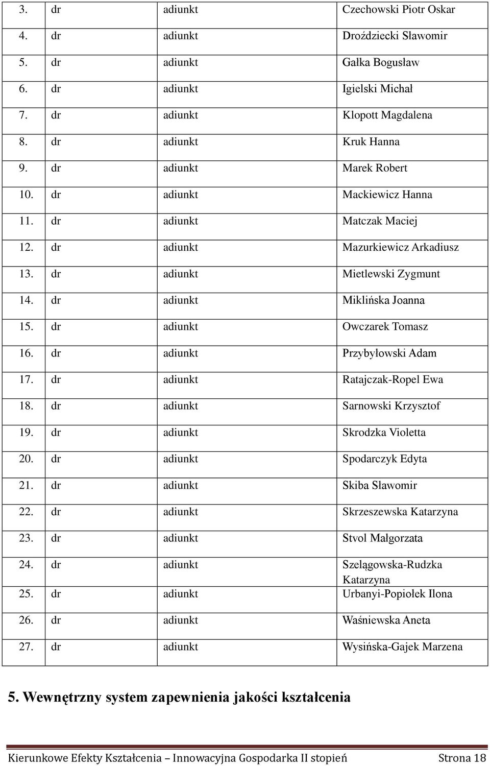 dr adiunkt Owczarek Tomasz 16. dr adiunkt Przybyłowski Adam 17. dr adiunkt Ratajczak-Ropel Ewa 18. dr adiunkt Sarnowski Krzysztof 19. dr adiunkt Skrodzka Violetta 20. dr adiunkt Spodarczyk Edyta 21.