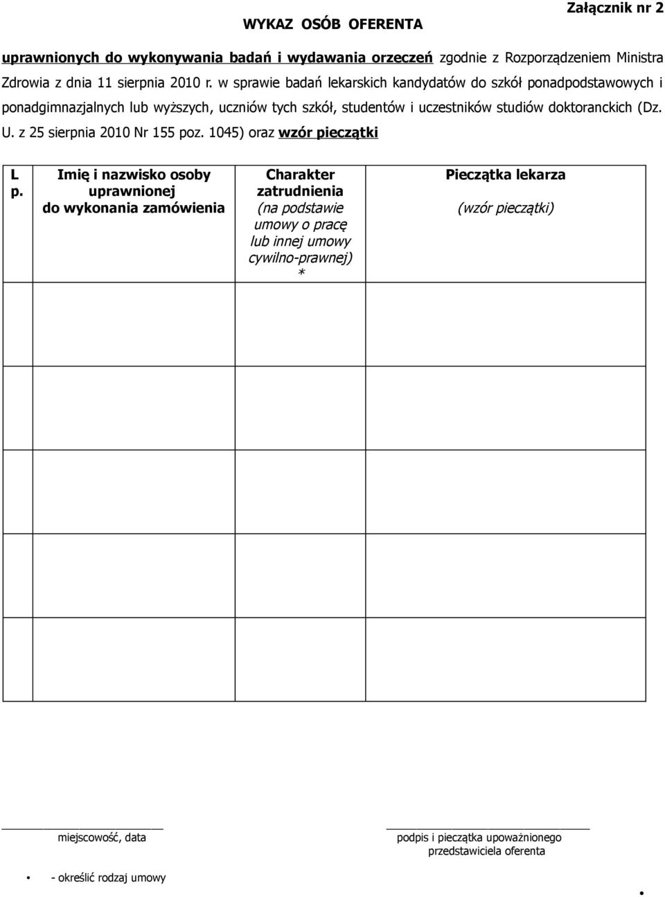 (Dz. U. z 25 sierpnia 2010 Nr 155 poz. 1045) oraz wzór pieczątki L p.