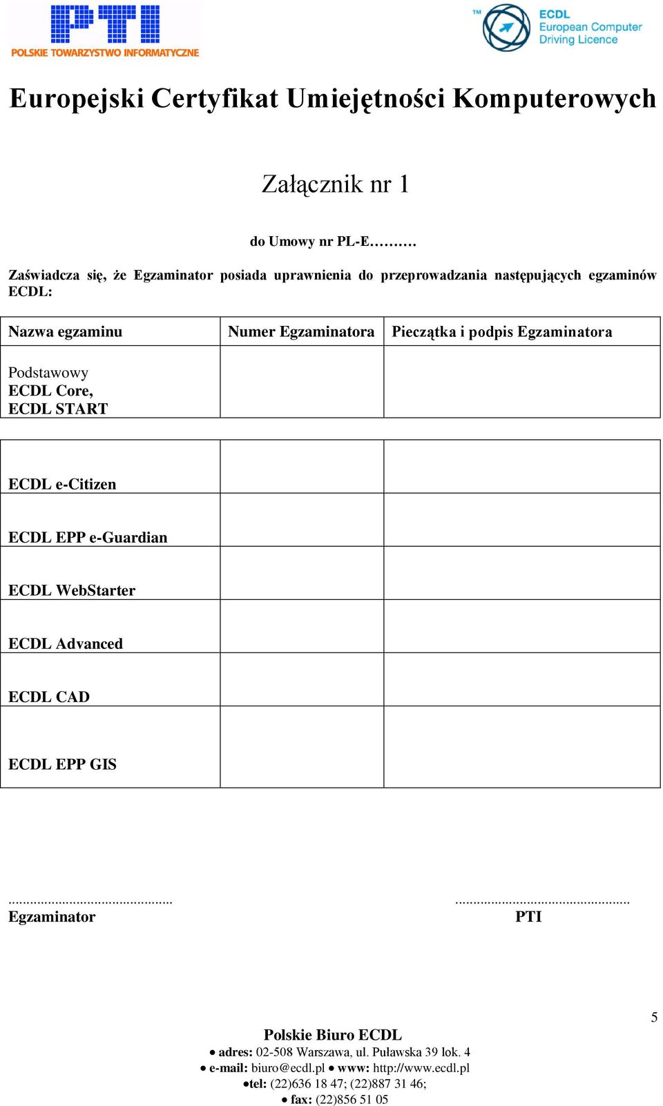 egzaminów ECDL: Nazwa egzaminu Numer Egzaminatora Pieczątka i podpis Egzaminatora