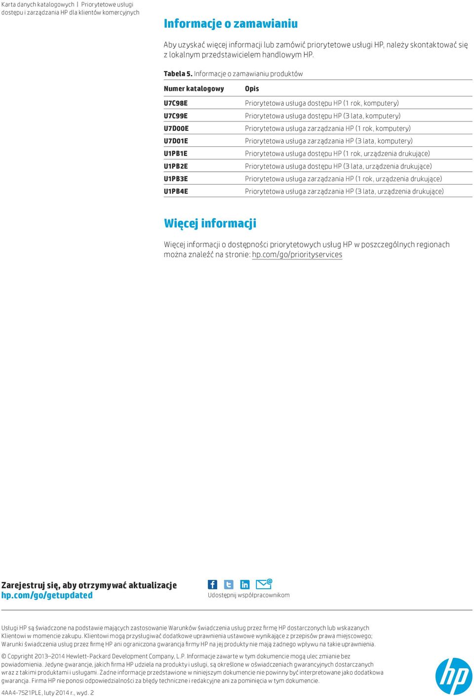 lata, komputery) Priorytetowa usługa HP (1 rok, komputery) Priorytetowa usługa HP (3 lata, komputery) Priorytetowa usługa dostępu HP (1 rok, urządzenia drukujące) Priorytetowa usługa dostępu HP (3