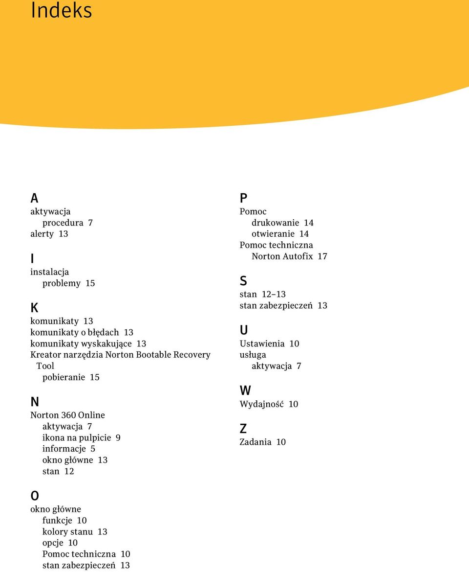 główne 13 stan 12 P Pomoc drukowanie 14 otwieranie 14 Pomoc techniczna Norton Autofix 17 S stan 12 13 stan zabezpieczeń 13 U