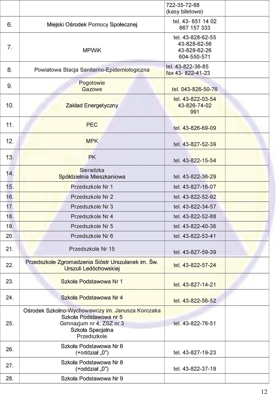 PEC ð êøîè éîëôîèöø ëéîæíë tel. 43-826-69-09 12. MPK tel. 43-827-52-39 13. PK tel. 43-822-15-54 Sieradzka 14. tel. 43-822-36-29 15. Przedszkole Nr 1 tel. 43-827-16-07 16. Przedszkole Nr 2 tel.