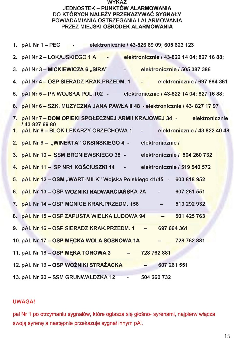 Nr 1 - elektronicznie / 43-826 69 09; 605 623 123 2. pal Nr 2 1 A - elektronicznie / 43-822 14 04; 827 16 88; 3. pal Nr 3 - elektronicznie / 505 387 386 MUZYC4555ß5577~ 4. pal Nr 4 SIERADZ KRAK.