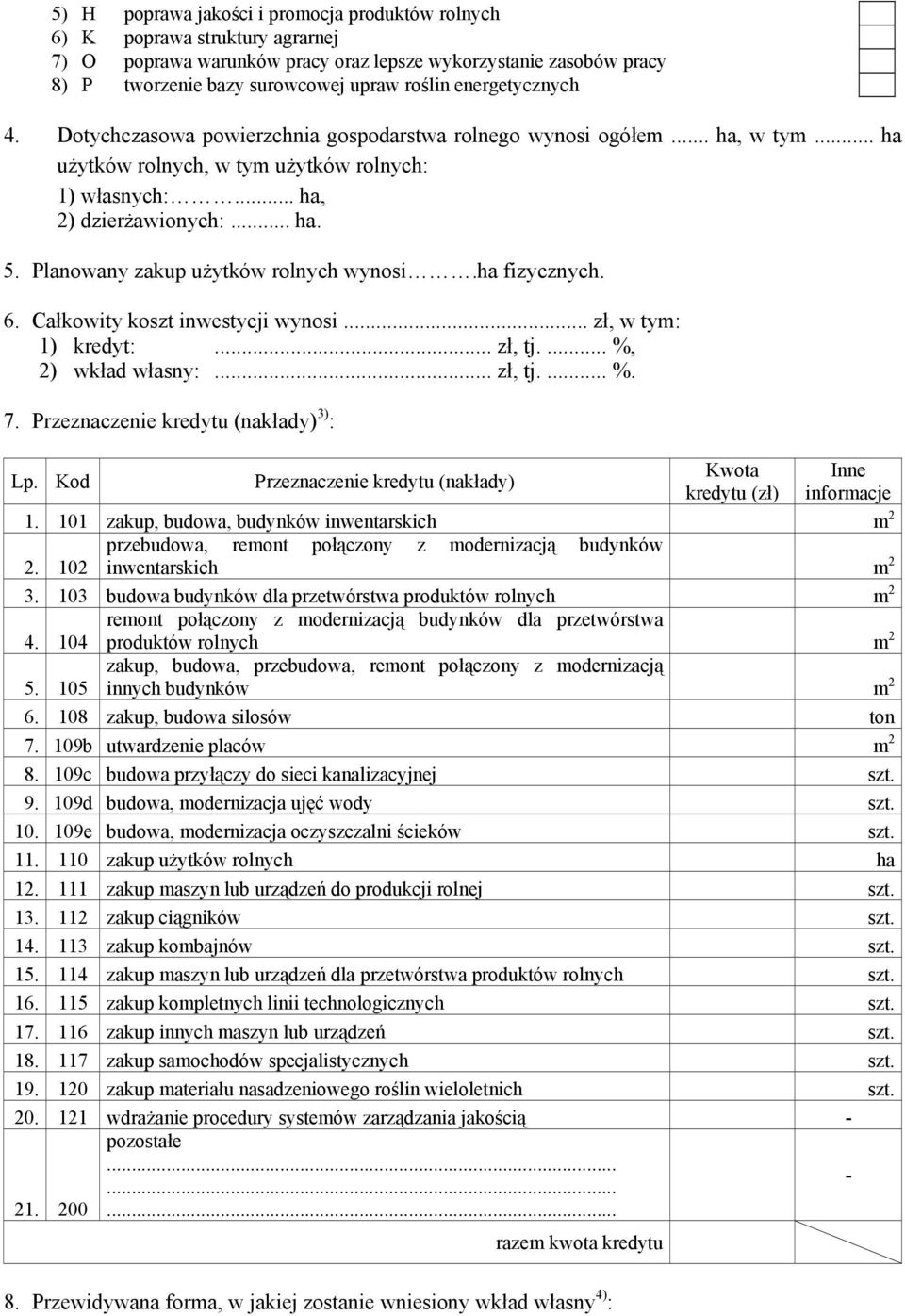 Planowany zakup użytków rolnych wynosi.ha fizycznych. 6. Całkowity koszt inwestycji wynosi... zł, w tym: 1) kredyt:... zł, tj.... %, 2) wkład własny:... zł, tj.... %. 7.